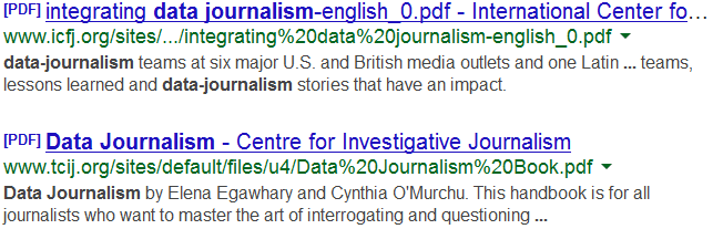 Screenshot showing results of search "data journalism" filetype:pdf