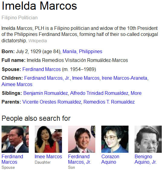 Shows the Knowledge Graph of the search Imelda Marcos