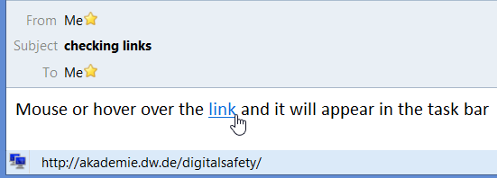 Email text showing mouse hovering over link to display link URL