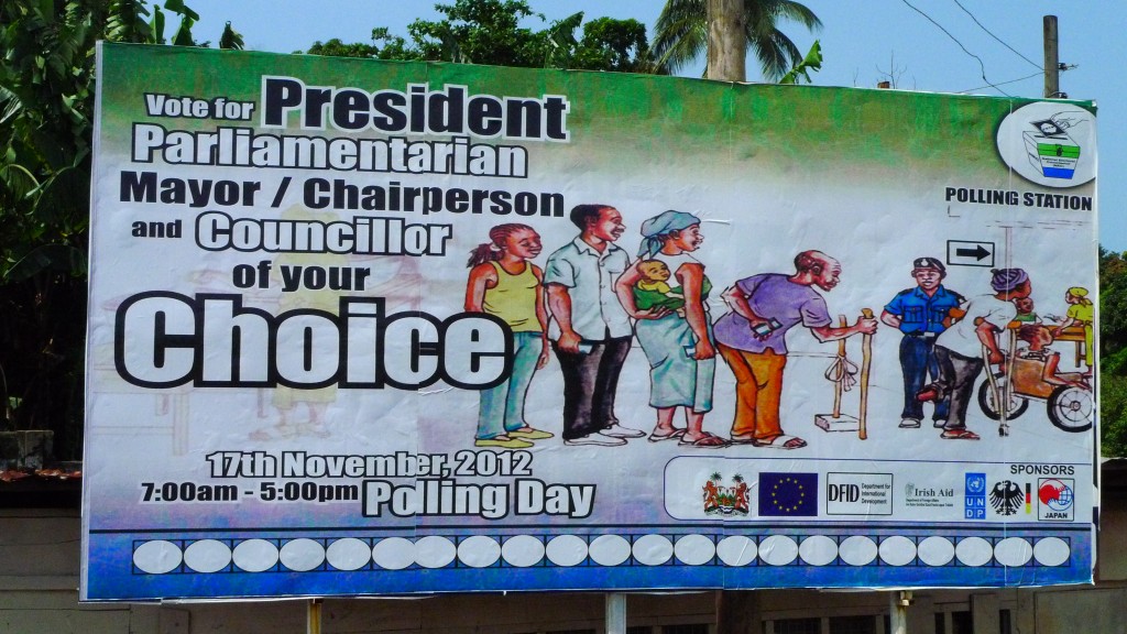 Poster showing people lining up for elections