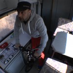 Michael Wigge on his Scooter in his RV during the train ride from the island Sylt to the coast